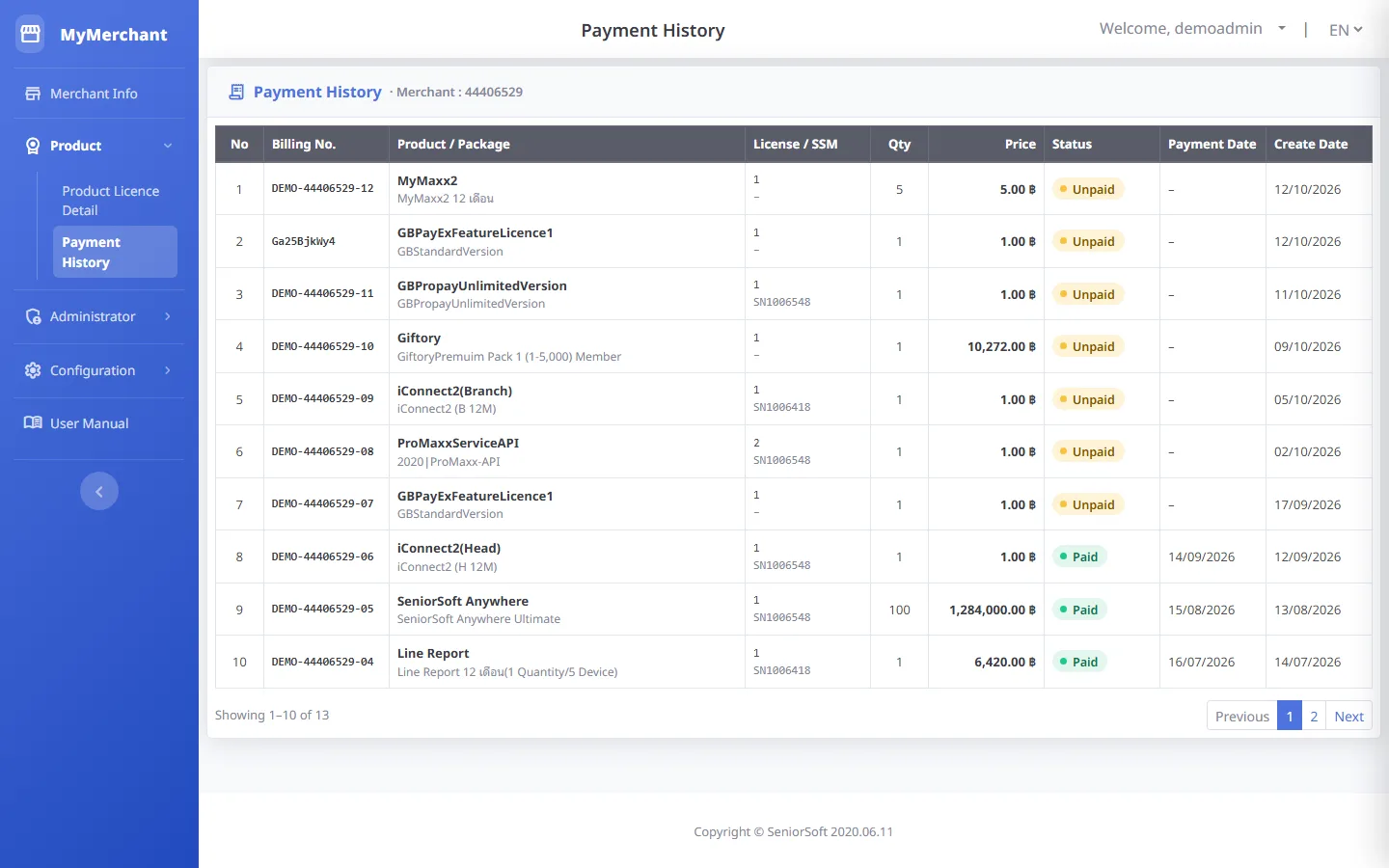 Payment list (desktop)