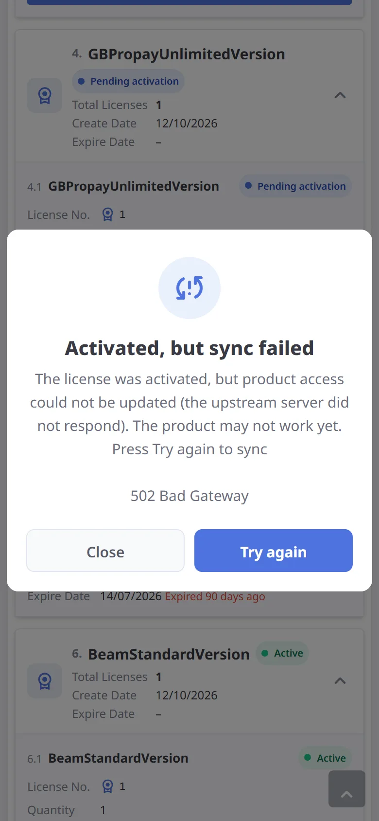 Activated, but sync failed (mobile)