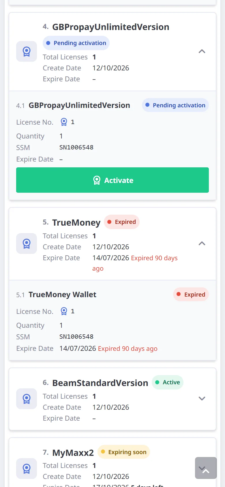 A "Pending activation" license (mobile)