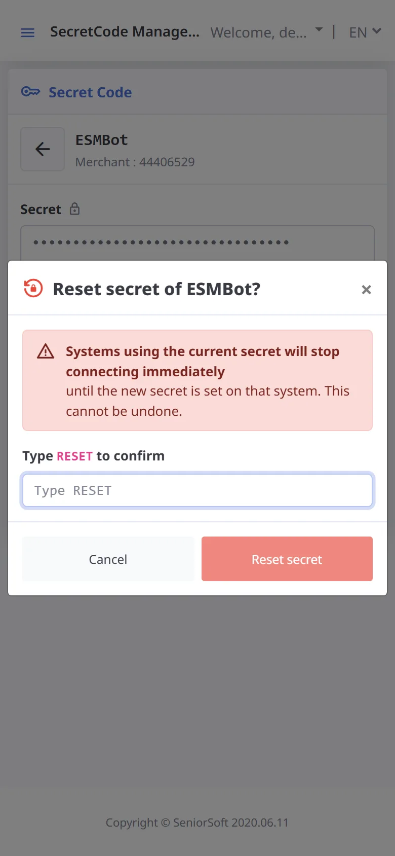 Reset secret (mobile)