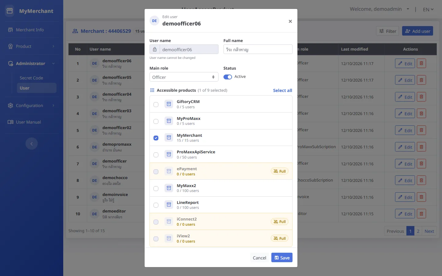 Edit a user / choose products (desktop)