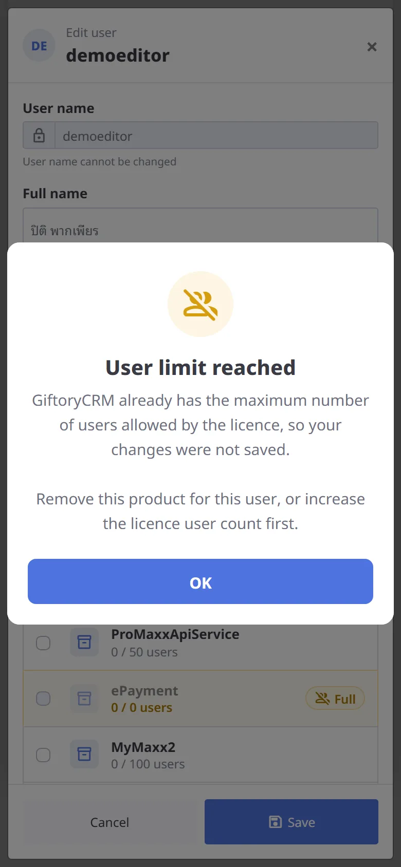 User limit warning (mobile)